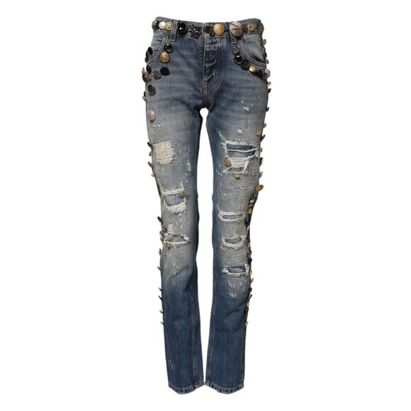 Dolce & Gabbana Black Cotton Tattered Mid Waist Denim Jeans main image 1